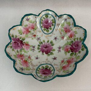 Vintage/Antique Scalloped Hand-Painted Floral 3-Footed Porcelain Dish/Bowl
